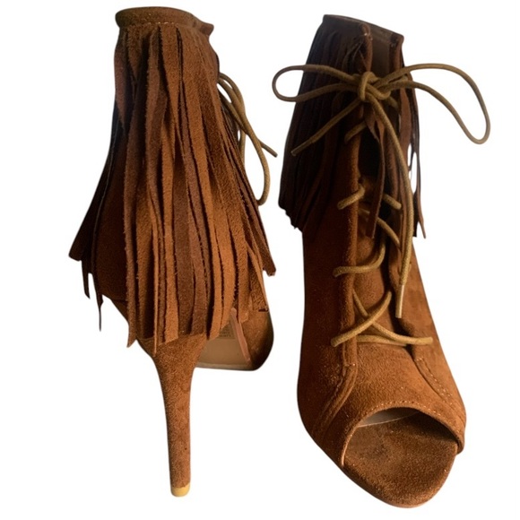 NWT Vintage 2000s Y2K Brown Suede Heels Fringe Boho Hippie Style Size 8 - Picture 5 of 10